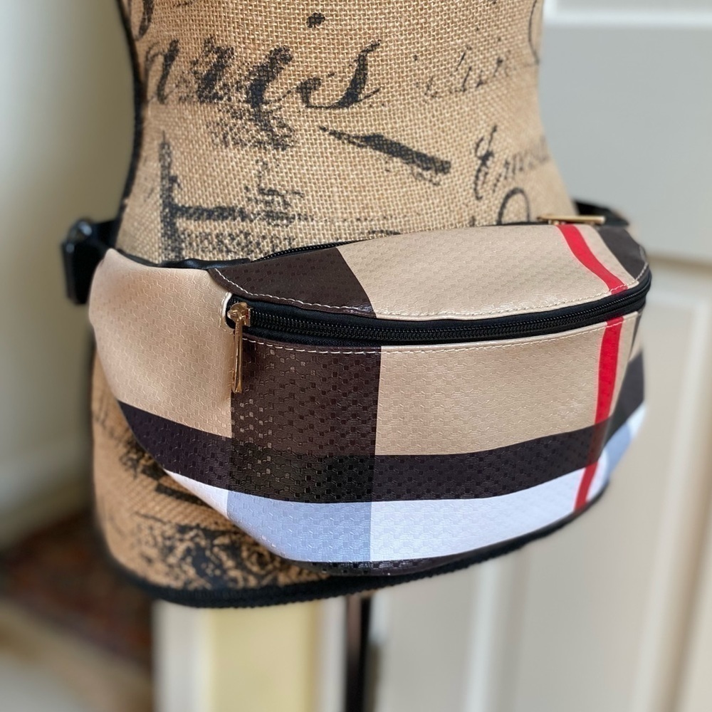 Checked Pattern Crossbody Belt Bag in Beige and Black - Picture 2 of 12